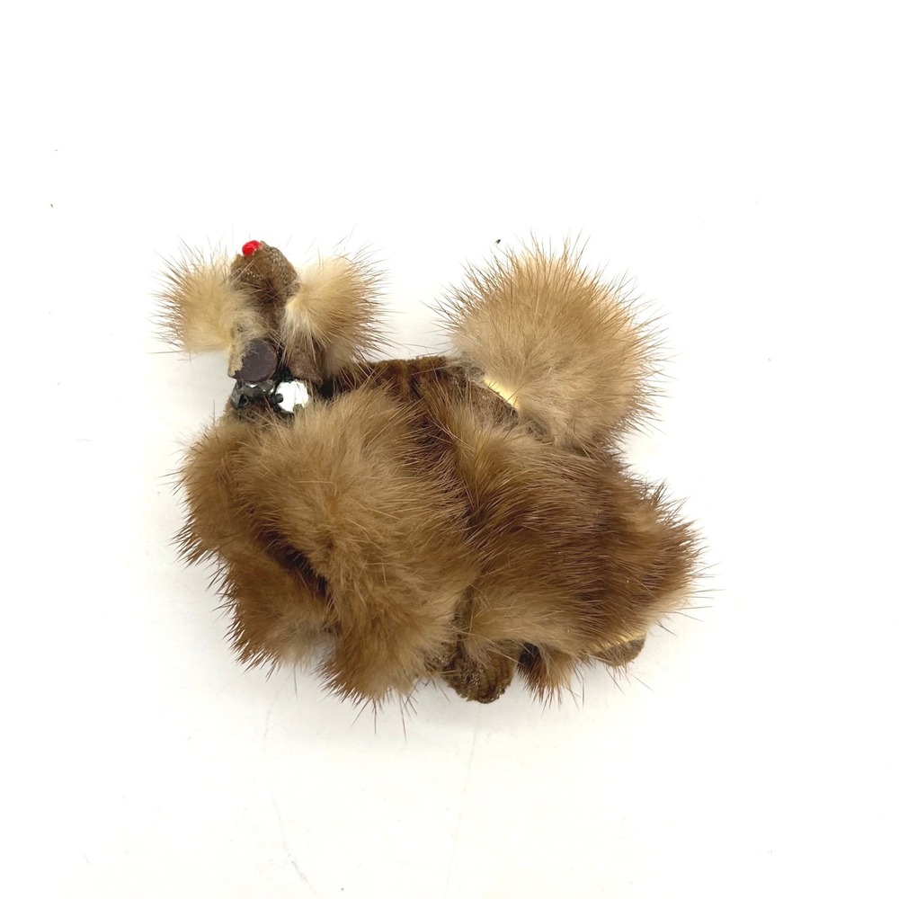 Vintage Real Mink Fur Poodle Brooch Brown Animal Lapel Pin Mid-Century Whimsical